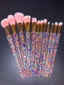 Detail of 13 professional makeup brushes with gradient bristles and rhinestone handles - 12pcs Set / Pink Rainbow