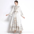 Vintage ivory wrap maxi dress with blue baroque print, long sleeves and belted waist - S / White