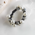 Handmade elastic hair tie featuring black woven cord with white pearls and faceted beads - 101# White Pearl Crystal Hair Tie