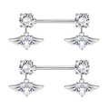 Macro view of silver butterfly nipple rings with heart-shaped clear zircon stones - Heart Wings Pair