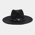 Detail of western fedora hat featuring colorful ethnic band and silver bull skull buckle - Western Bull Skull Metal Buckle Woven Band (2#色)