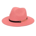Detail of pink straw fedora featuring a black leather band and gold metal chain accent - M (56-58cm) / Pink
