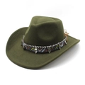 Chapeau de cowboy en laine vert olive foncé avec ornements ethniques et pendentifs - M (56-58cm) / Vert Militaire