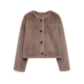 Short minimalist brown faux fur jacket with crew neck and four black buttons - XS / Khaki