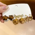 Set of leopard print star studs, bow drop earrings and gold irregular hoops for women - Bow/Leopard Pom Pom (12# Silver Earring Post)