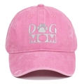 Close-up of pink washed cotton baseball cap featuring white Dog Mom embroidery with paw print - Pink