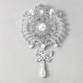 Luxury silver crystal brooch with crown detail, rhinestone bow, and pearl drop - XD7208-2-Silver Pearl Bow Crown