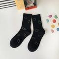 Black mid-calf cotton socks featuring colorful embroidered smiley faces with a cute style - One Size / Black Colored Smiley