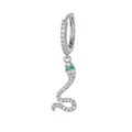 Detailed view of silver snake drop earring with white zircons and green gemstone eyes - EH00742 White Gold