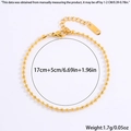 Vista dettagliata del bracciale a sfere dorate con foglia e misure di lunghezza in cm - Perle Tonde Oro