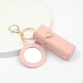 Pink leather lipstick case keychain with round mirror and gold metal hardware - Pink