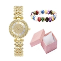 Detailed set featuring a gold rhinestone watch, marble beads bracelet and a pink jewelry box - Gold Watch + Bracelet + Box