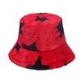 Cappello a secchiello rosso in finta pelliccia con stelle nere per calore invernale - Rosso