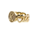 Macro shot of gold letter K ring with heart detail, chain band, and pave-set crystals - Letter K