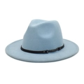 Detail of light blue wool fedora hat featuring a black leather band and metal buckle strap - M (56-58cm) / Sky Blue