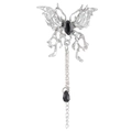Spilla farfalla gotica in argento con ciondolo in cristallo nero e nappa elegante - Stile Nappa Farfalla A Goccia (Z-619)