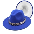 Electric blue wool fedora hat with chunky gold acrylic chain and flat brim detail - Royal Blue + White