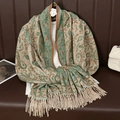 Elegant beige and green paisley scarf with fringe tassels displayed on leather - Beige Green (T491-11)