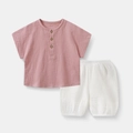 Set neonato 2 pezzi con top rosa in garza di cotone e pantaloncini a sbuffo bianchi - 80cm / Rosa + Bianco