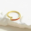 Detailed shot of 14K gold-plated ring with red enamel and clear zircon inlay - Rose Red Enamel