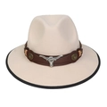 Cream white felt cowboy hat with brown leather band and silver bull head ornament - M (56-58cm) / Beige (90 Series Bull Head Buckle Decor)