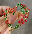 Elegant gold heart brooch with red berries and green rhinestones in detailed view - Heart Shape Red Berry XD824507-2