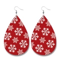 Faux leather teardrop earrings with festive red base and white snowflake patterns - Red Snowflake Style