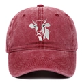 Vintage washed red cotton baseball cap with white cow embroidery in a minimalist style - Adjustable / Burgundy