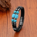 Detail of men's double-layer black braided leather bracelet with turquoise stone beads - Turquoise