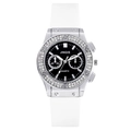 Women's quartz watch with white silicone strap and crystal bezel on black dial - White Strap Black Face
