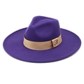 Detailed close-up of a purple wool fedora hat featuring a gold ribbon and bee ornament - M (56-58cm) / Purple
