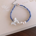 Blue mineral stone and pearl beaded bracelet with a white shell butterfly pendant - Blue Ore Butterfly Patchwork Style