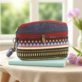 Blue denim and geometric pattern coin purse with double zipper and red wrist strap - Red Ethnic Style Coin Purse