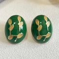 Vintage green enamel oval stud earrings with golden leaf patterns and 925 silver needles - 1.8*2.4cm / Green Leaves Style (Style B)