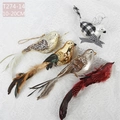 Detailed view of hand-painted bird ornaments with feathers and glitter for Christmas trees - Set 11 (5Pcs Decorative Bird Pendants)
