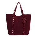 Burgundy suede tote bag with silver studs and heart tag in a professional studio view - Burgundy