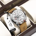 Poedagar chronograph men's watch with silver case, white dial and tan leather strap - Silver Case White Dial Leather Strap