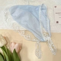 Light blue lace triangle headscarf with white lace edges and delicate pom-pom trim - Light Blue