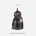 Black and grey plaid scarf with fringes and logo patch on a wooden mannequin - YF Plaid (Taro Purple)