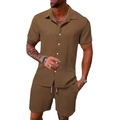 Close-up of men's summer set with dark brown vertical striped knit texture and drawstrings - Coffee
