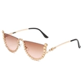 Cat eye semi-rimless sunglasses with gold frame, brown gradient lenses and rhinestone accents - Brown Rhinestone Frame Brown Pink Lens