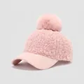 Detailed view of pink fuzzy kids baseball cap with soft faux fur pompom and textured fabric - 54cm (3-8 Years) / Fur Ball Style / Pink