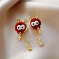 Orecchini rossi festivi in peluche con corna dorate e stelle in stile cartone animato - Nappa Fulmine Drago Rosso (48# Perno per orecchini in argento-Fulmine Drago Rosso)