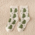 Chaussettes d'hiver en velours de vison blanc crème avec motifs de dinosaures verts - Petit Dinosaure Blanc Crème