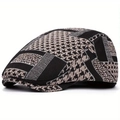 Close-up of houndstooth patchwork and thick wool texture on a stylish newsboy cap - Adjustable / Coffee