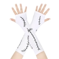 Gothic Sally cosplay arm warmers with black stitched patterns and thumb holes - White/Black Stitch (Gloves)