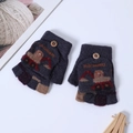 Dark grey children's knitted convertible gloves with brown excavator pattern and wood button - 4-10 Years / Excavator-Dark Gray