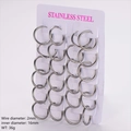 Set of 12 pairs of 2mm silver stainless steel hoop earrings in 16mm diameter size - 12 Pairs/Pack (Inner Diameter 16mm) / Steel