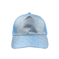 Detail of light blue sequin baseball cap showing glitter texture and breathable mesh back - Blue