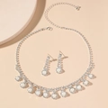 Elegant silver bridal jewelry set featuring zircon flower necklace and pearl earrings - DTN14026452PE-Silver Rhinestone Pearl Pendant